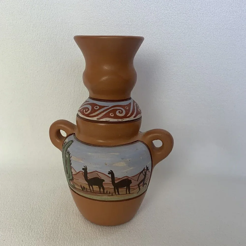 Clay Vase Desert Scene 11” by 8” Pottery Double Handle Cactus Llamas Southwest